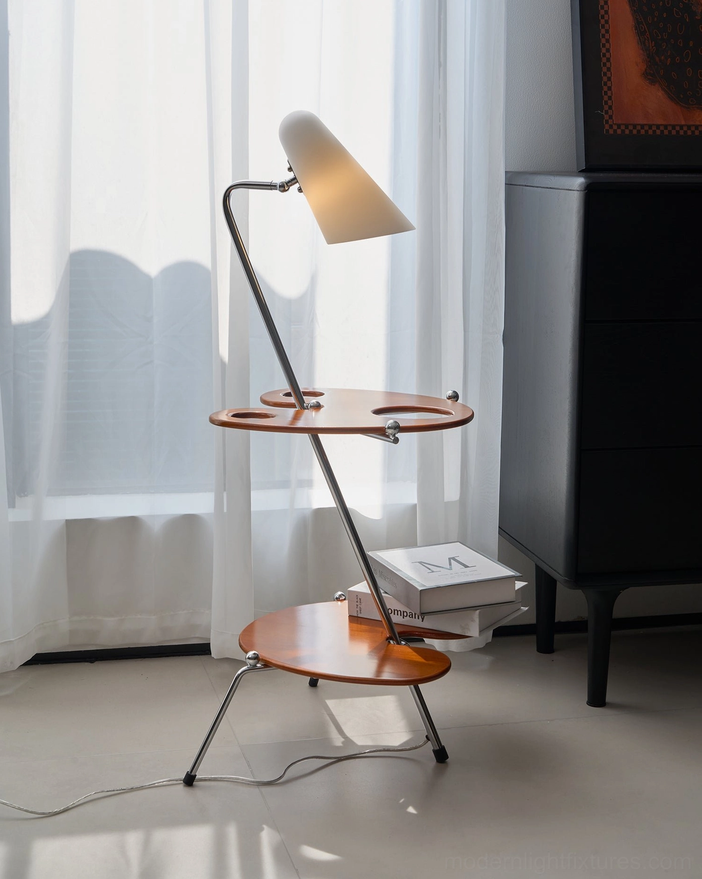 Contemporary floor lamp with tan opal shade and functional wooden shelves in bright living room with natural light