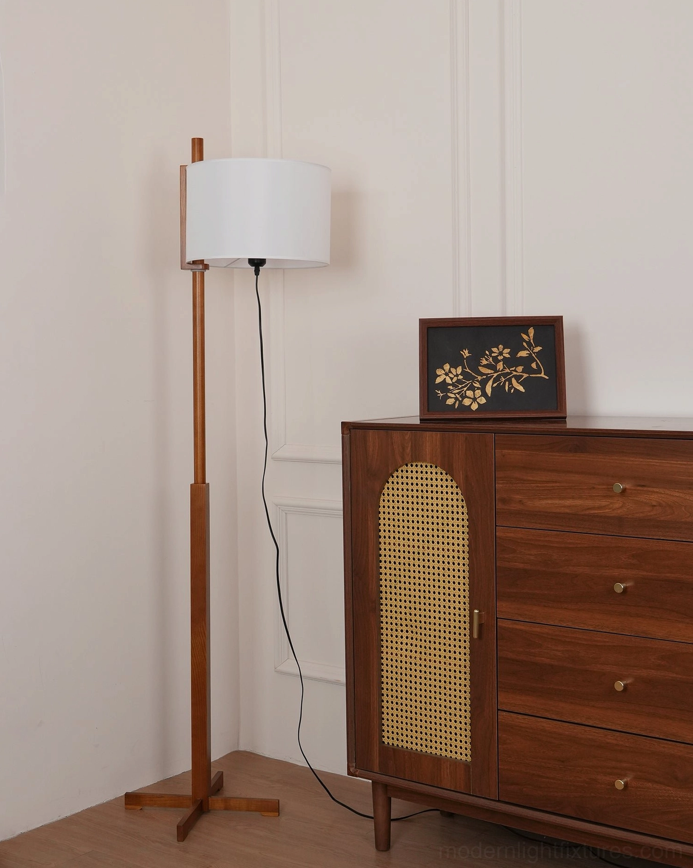 Mid-century modern floor lamp three-quarter perspective view highlighting walnut pole and white shade proportions