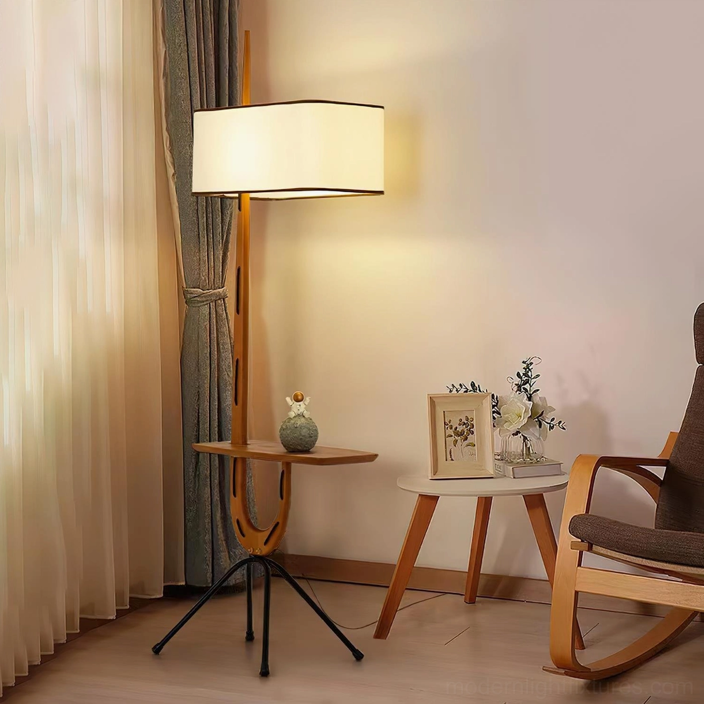 Mid-century modern floor lamp with tripod base and wood frame detail view showing craftsmanship