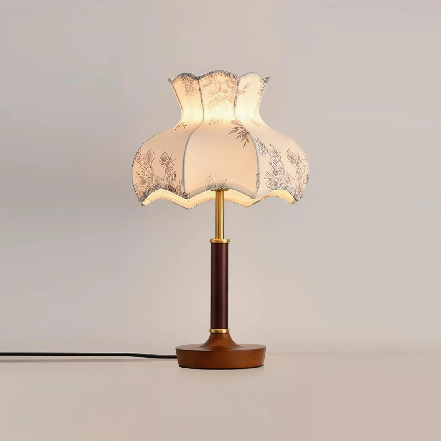 Mid-century modern floral table lamp with scalloped fabric shade, walnut and white color option