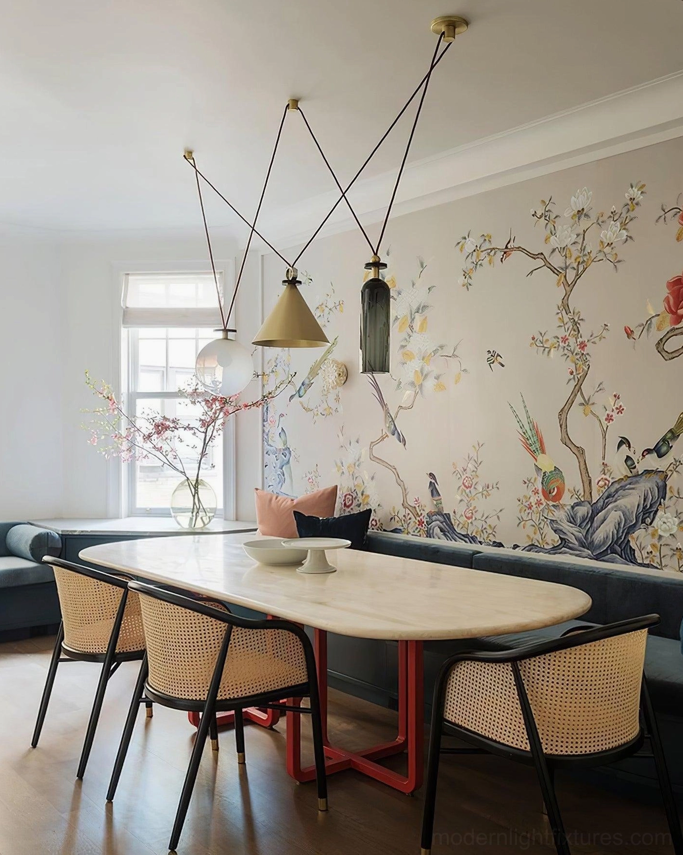 Multi-drop geometric pendant lighting set with mid-century modern design in formal dining room with feature wall