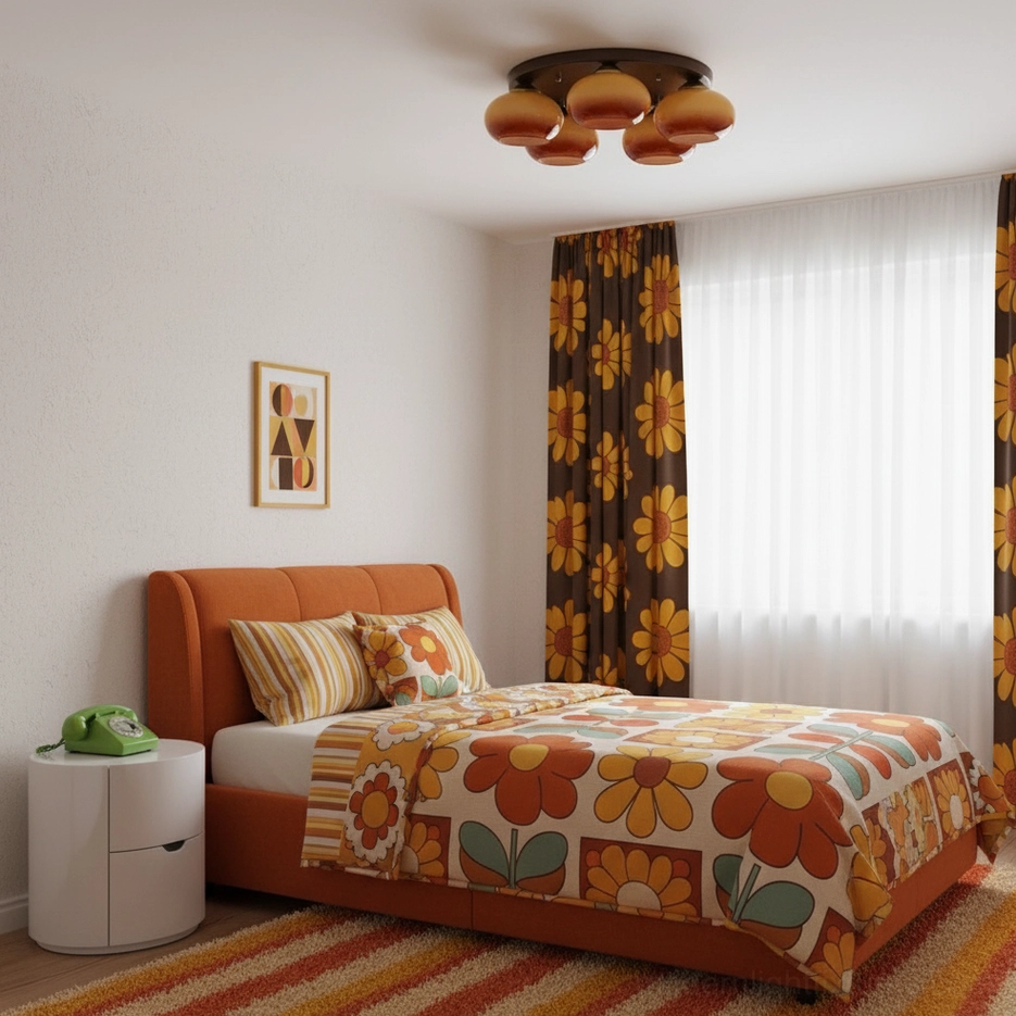 4-head glass ceiling light fixture in mid-century modern bedroom with vintage aesthetic and patterned bedding