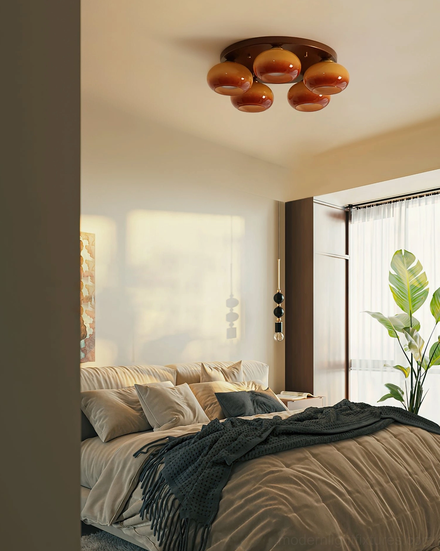 Modern handblown glass ceiling fixture mounted in cozy neutral bedroom with warm decorative elements