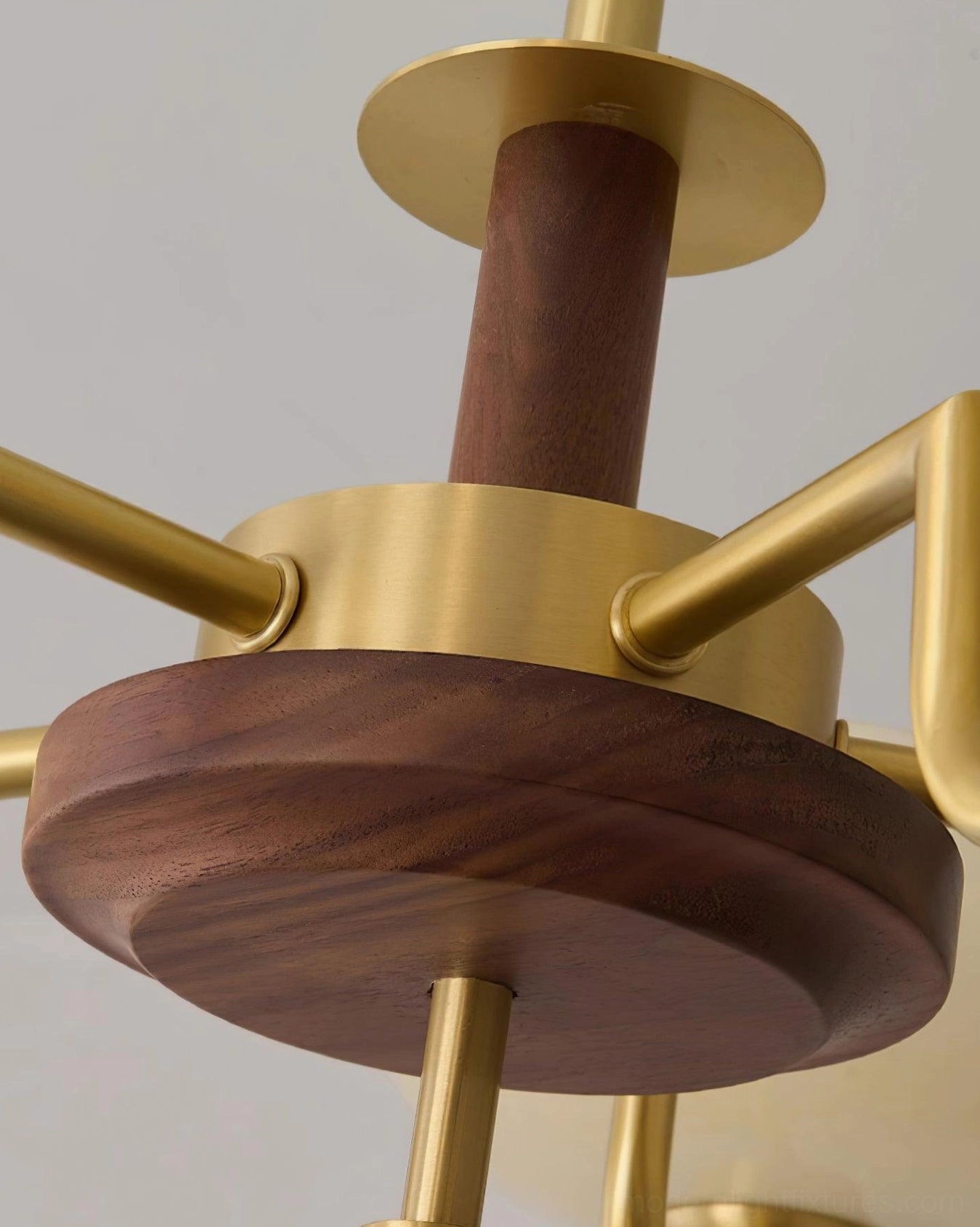 Mid-century modern glass chandelier with walnut wood and brass accents interior design focal point statement piece