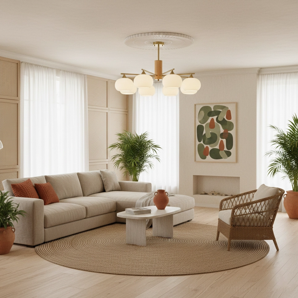 Mid-century modern glass chandelier with brass wood frame warm lighting home ambiance