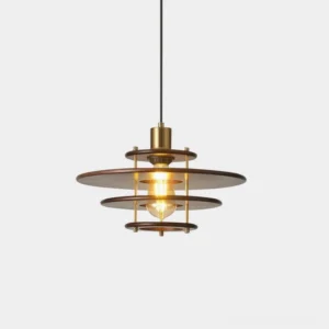 Mid-century modern layered disc pendant light with gold metalwork and walnut wood, front studio view