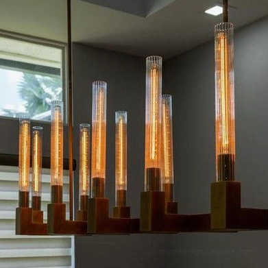 Mid-century modern linear chandelier brass and glass construction side profile view