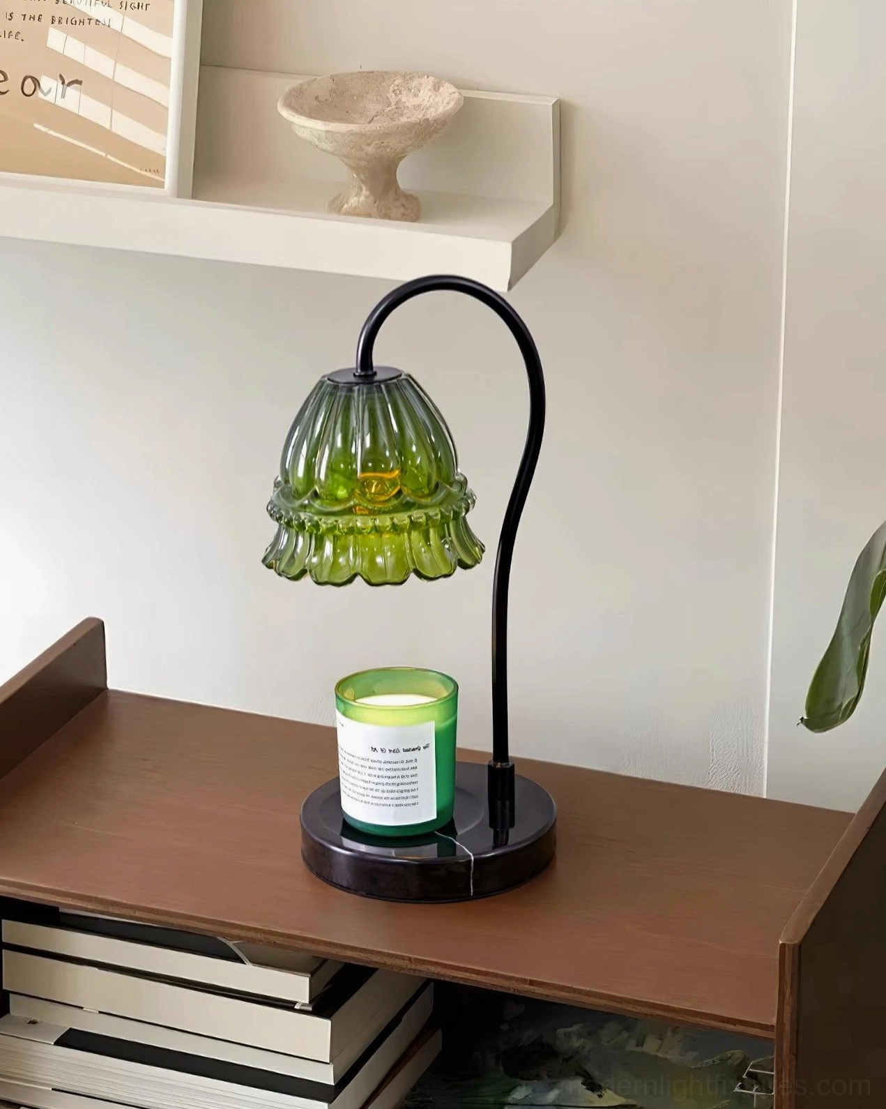 Contemporary marble candle warmer lamp in mid-century modern interior setting