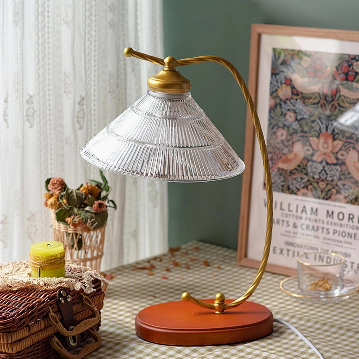 Mid-century modern vintage arc reading table lamp full product view showing brass-gold curved arm and clear fluted glass design