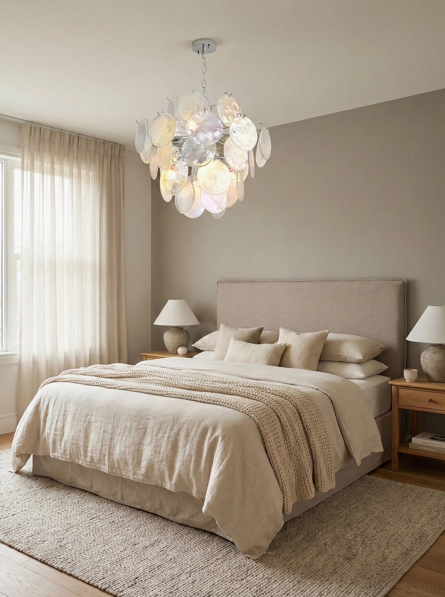 Iridescent glass disc chandelier with warm lighting in cozy modern master bedroom setting