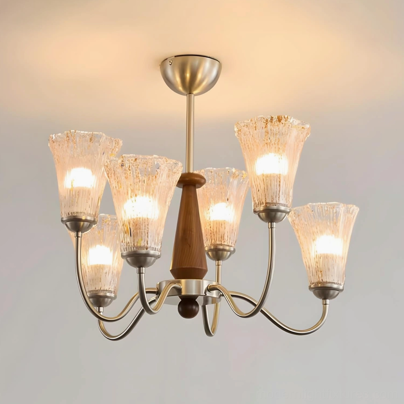 Mid-Century Modern Chandelier in Elegant Interior Setting - Complete Room View with Walnut and Nickel Fixture