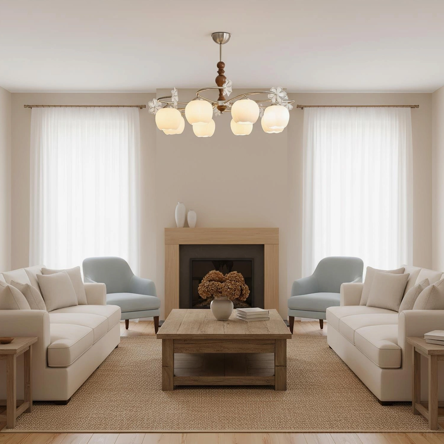 4-arm glass pendant chandelier in mid-century modern living room with fireplace, warm neutral farmhouse aesthetic