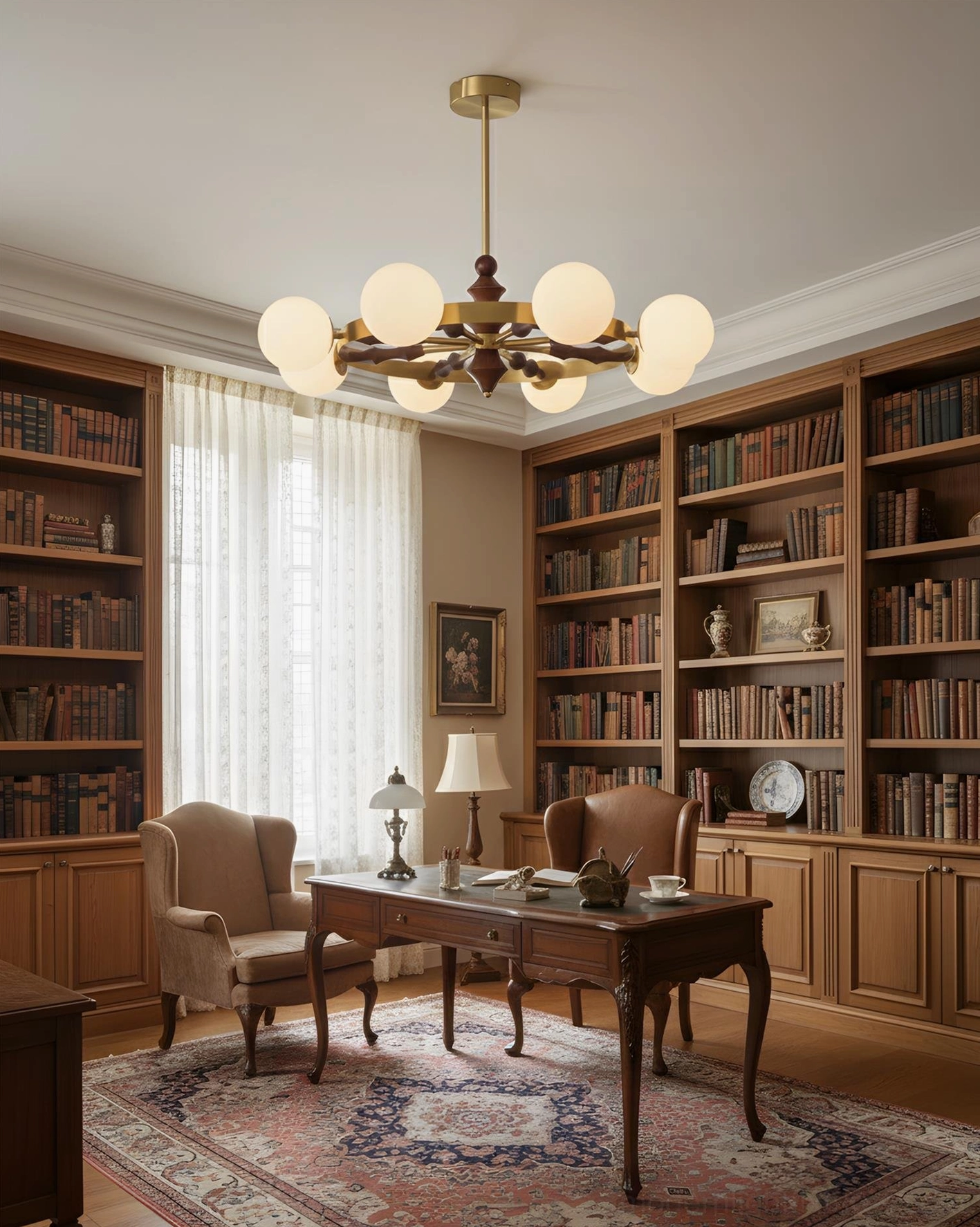 White spherical glass shade chandelier in modern home study with wooden bookshelf and warm lighting