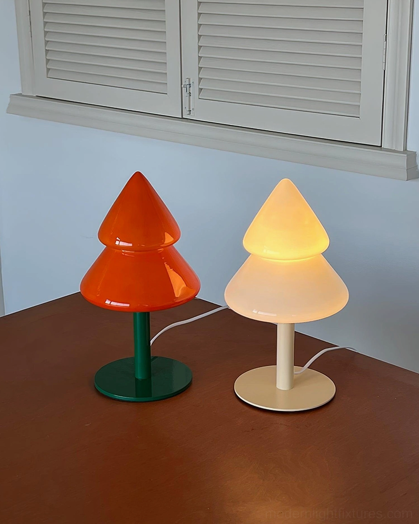 Mid-century modern interior with Christmas tree table lamp accent lighting element