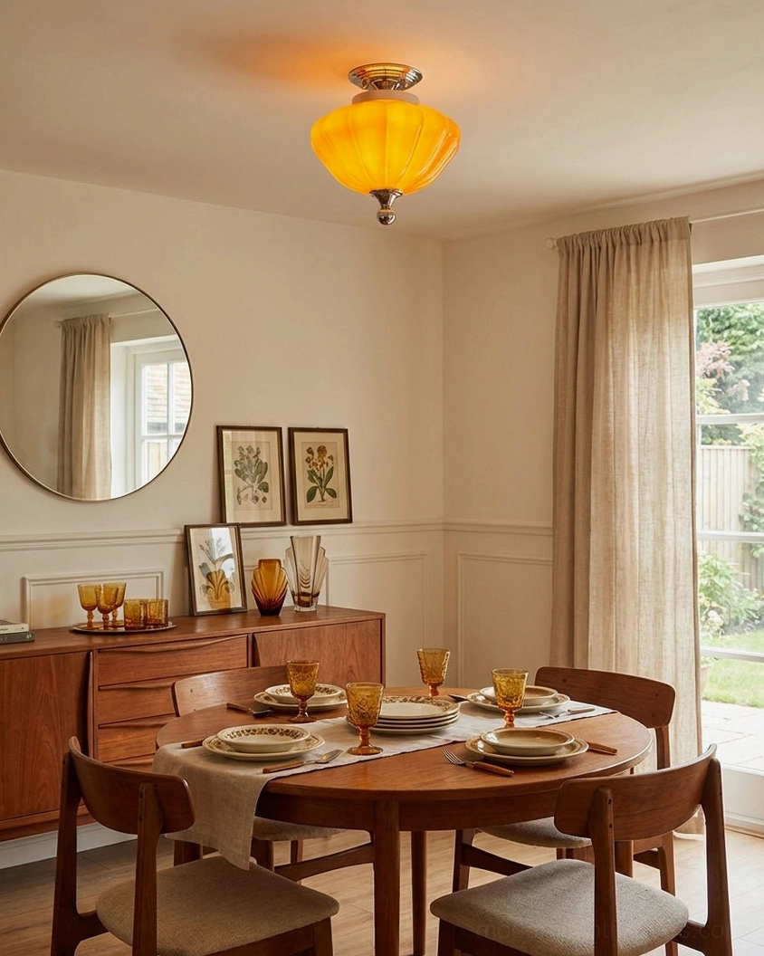 Formal mid-century modern dining space with amber semi-flush ceiling light creating warm glow over wooden furniture