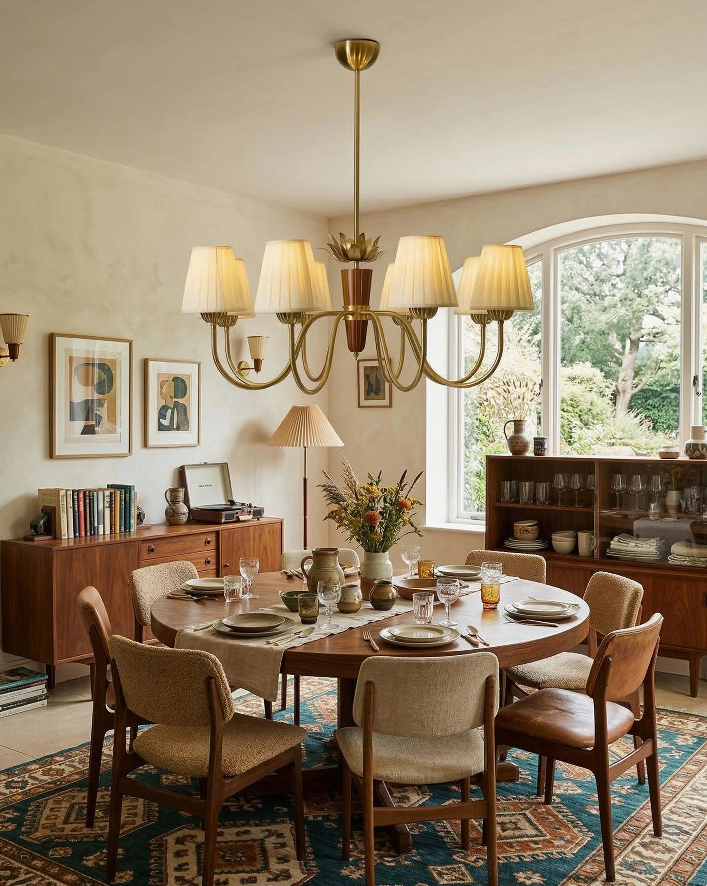 8-light brass chandelier illuminating mid-century modern dining room with wooden table and vintage area rug