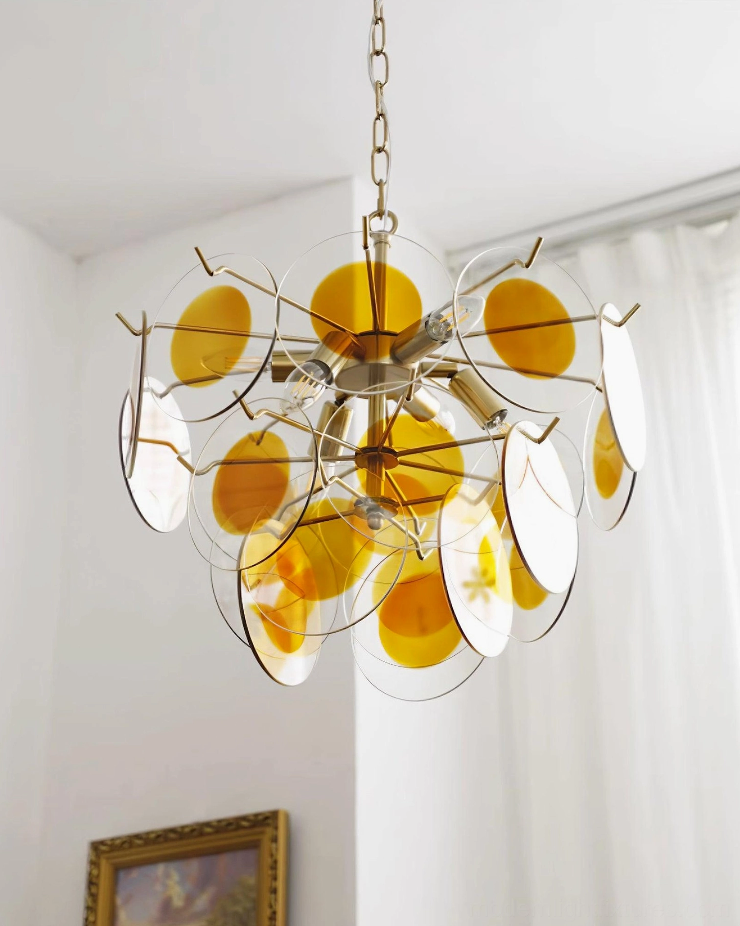 Contemporary glass disc chandelier caramel and clear glass shades luxury mid-century modern pendant