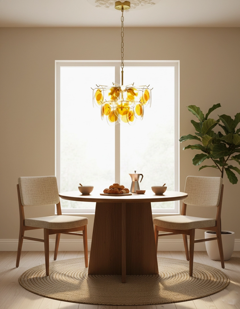 Formal dining room glass disc chandelier overhead view round table setting vintage mid-century modern decor