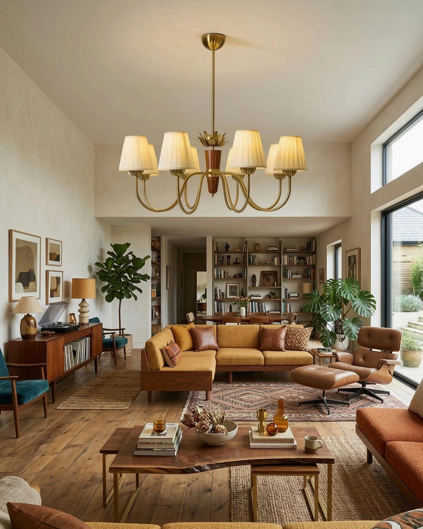 Vintage brass chandelier in mid-century modern living room with cozy retro furniture arrangement