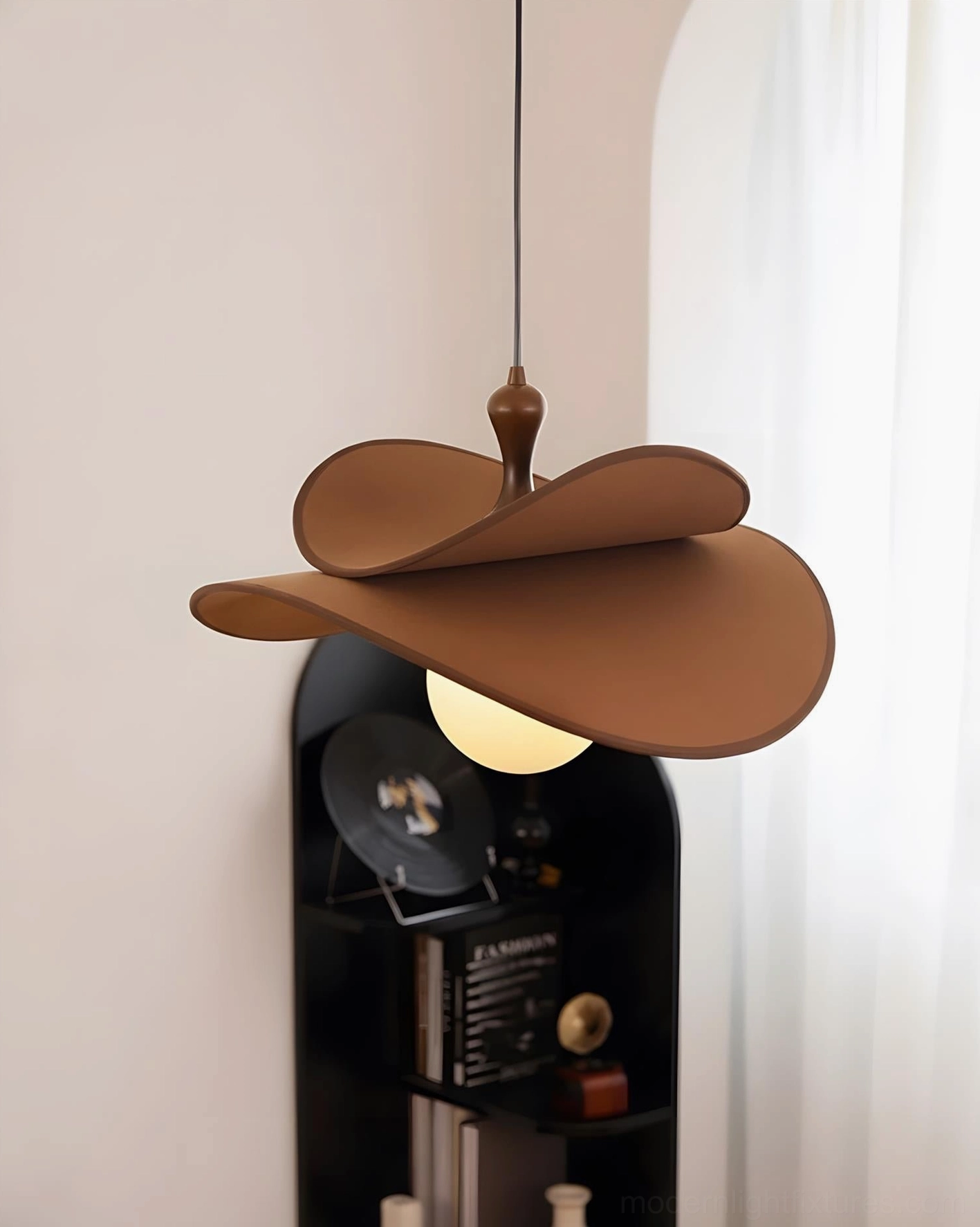 Mid-century modern petal pendant lamp with soft fabric shades and glowing glass orbs, elegant contemporary lighting solution for dining and living spaces