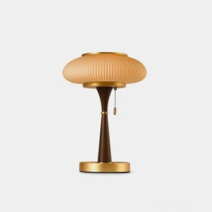 Welma mid-century modern pleated mushroom table lamp with walnut wood base and gold accents on white studio background