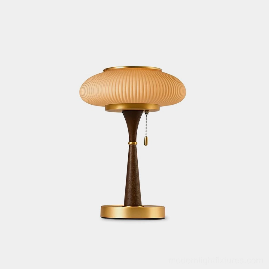 Welma mid-century modern pleated mushroom table lamp with walnut wood base and gold accents on white studio background