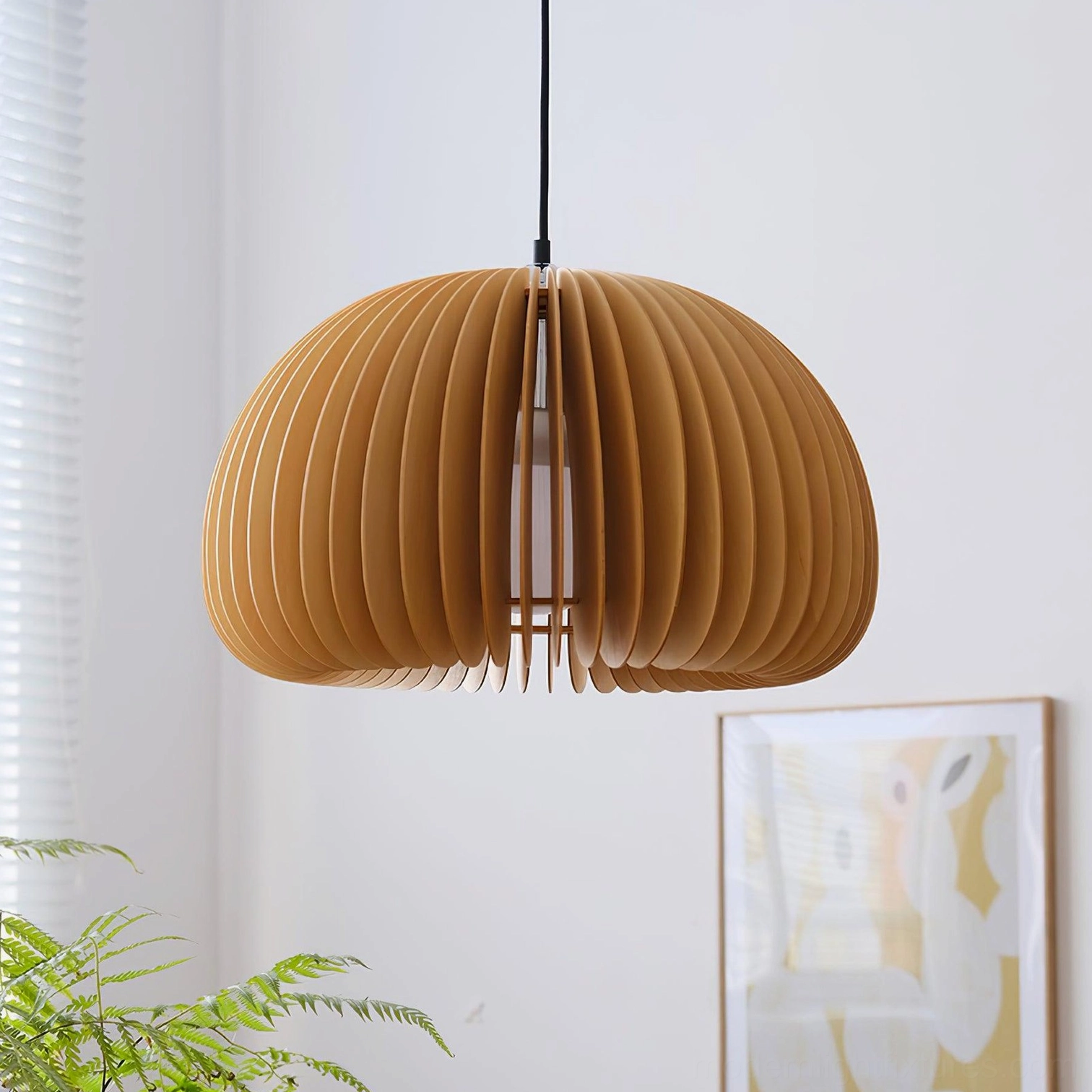 Wood pumpkin hanging lamp perfect for mid-century modern home interior design