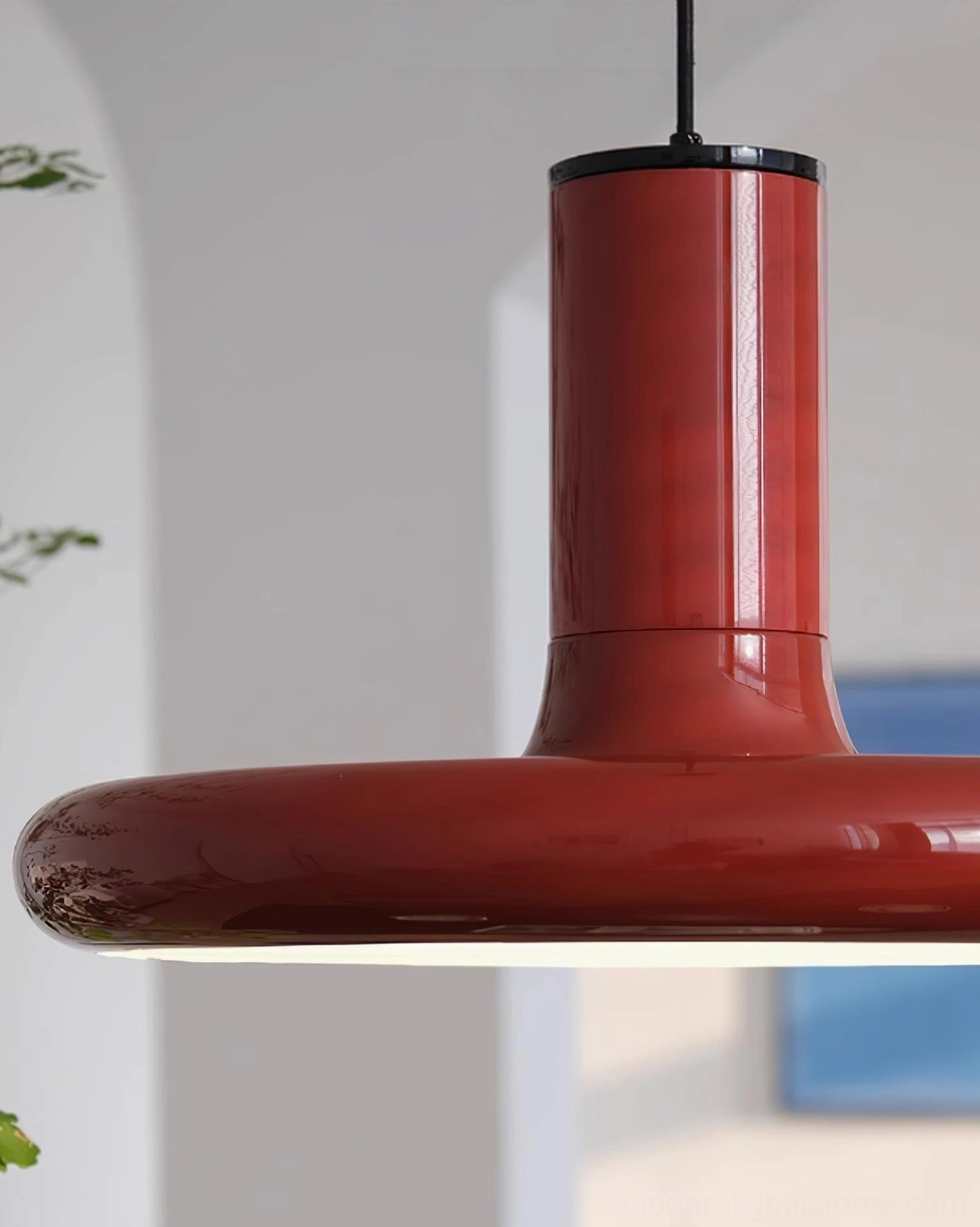 Red disc pendant light mid-century modern interior design style compatibility