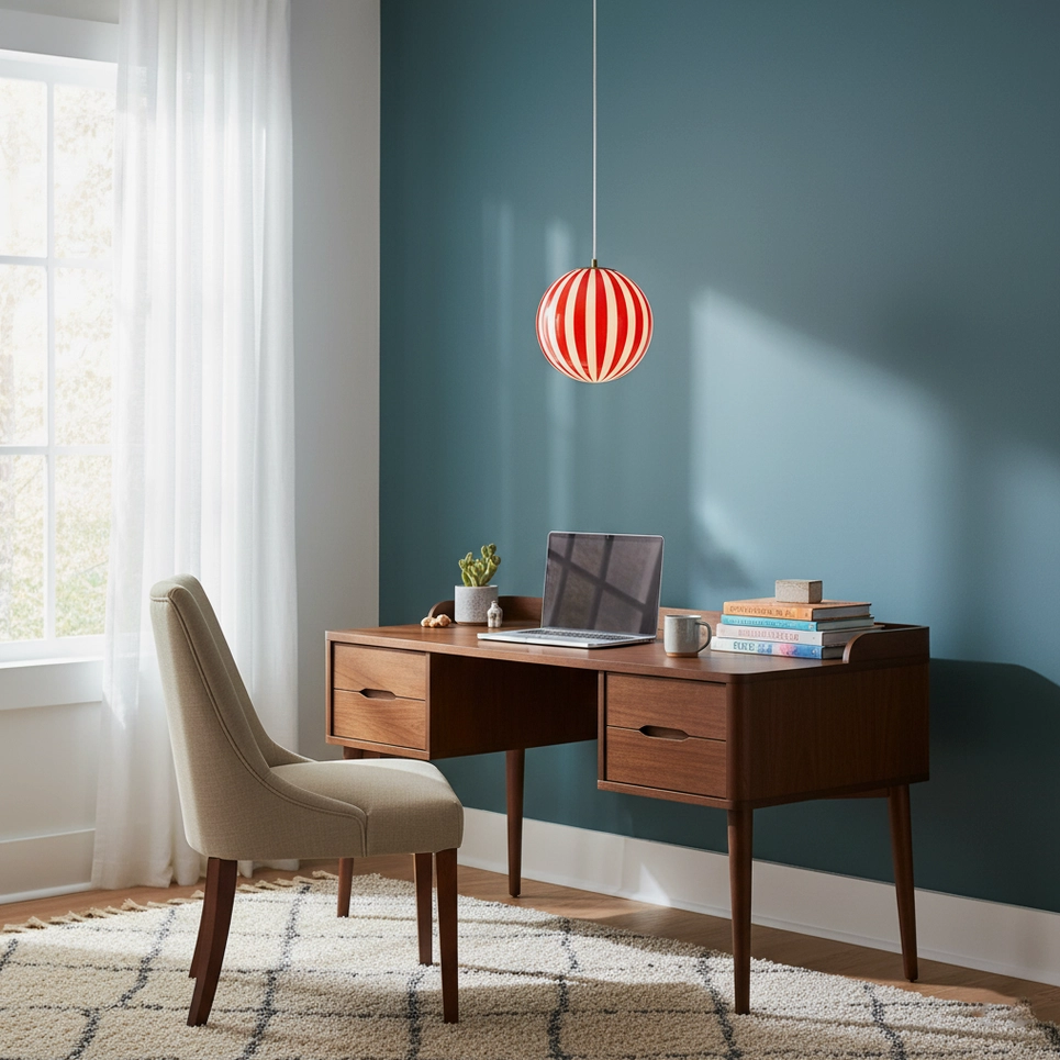 Red striped spherical pendant light mid-century modern design interpretation