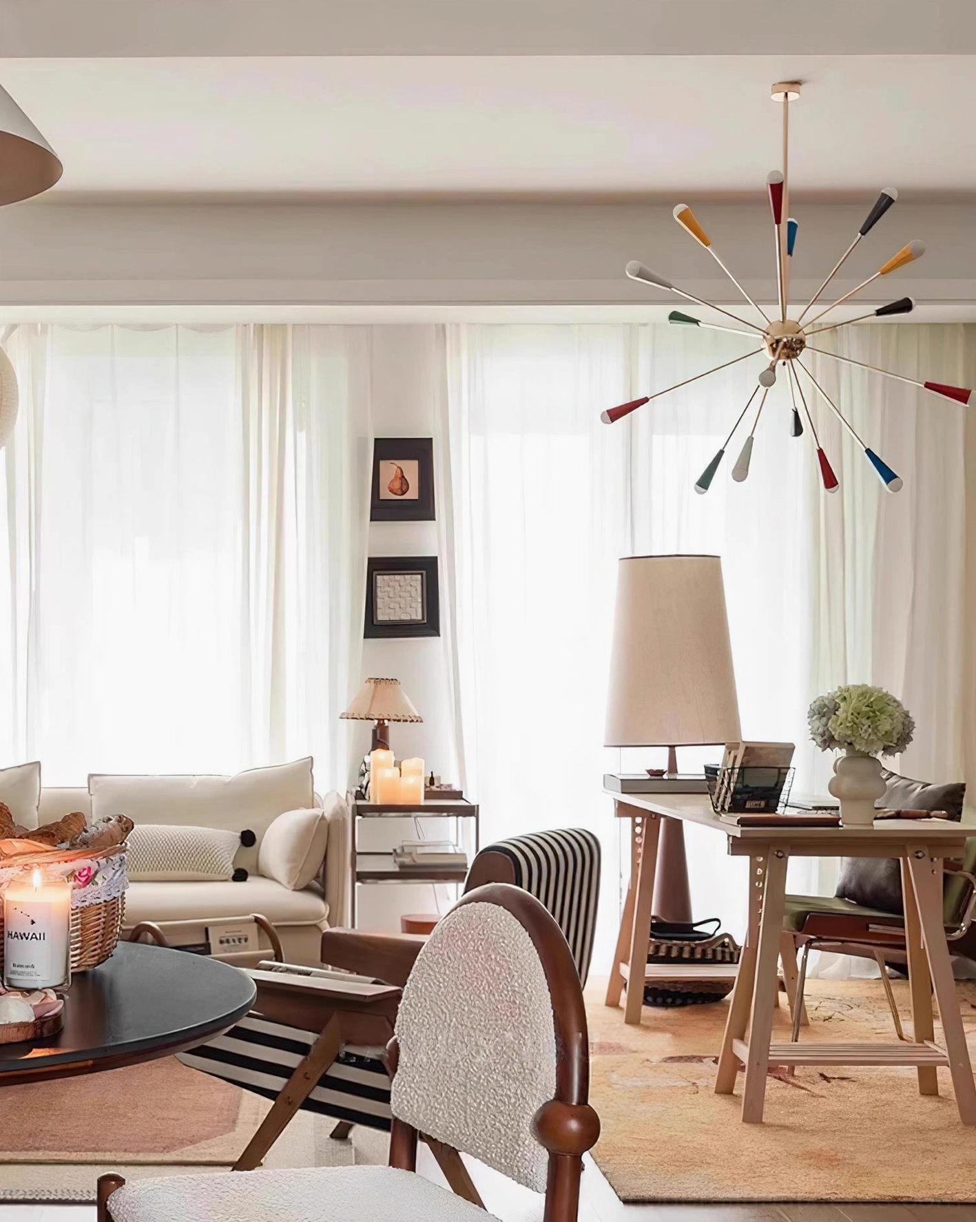 Mid-century modern sputnik chandelier with multicolor cone accents and warm gold metal core
