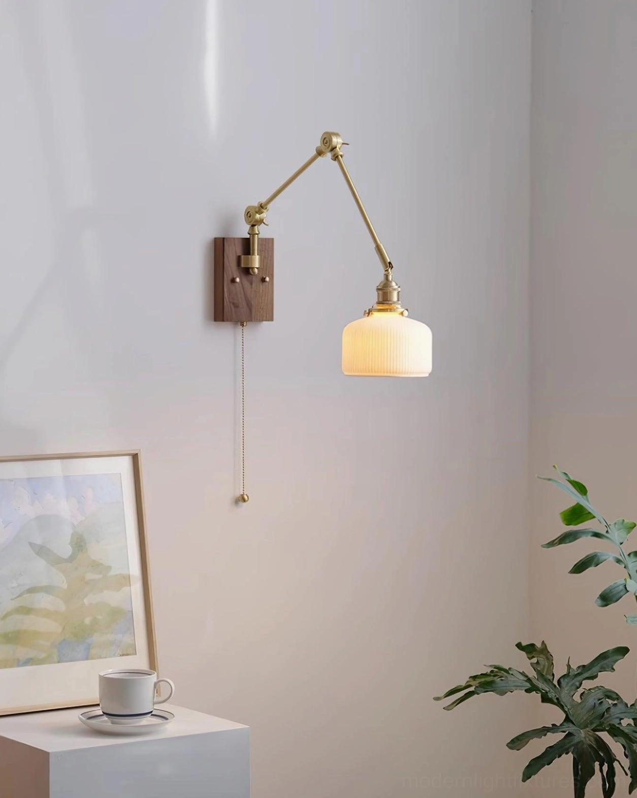 Mid-century modern swing arm wall sconce with walnut wood accent and ceramic shade