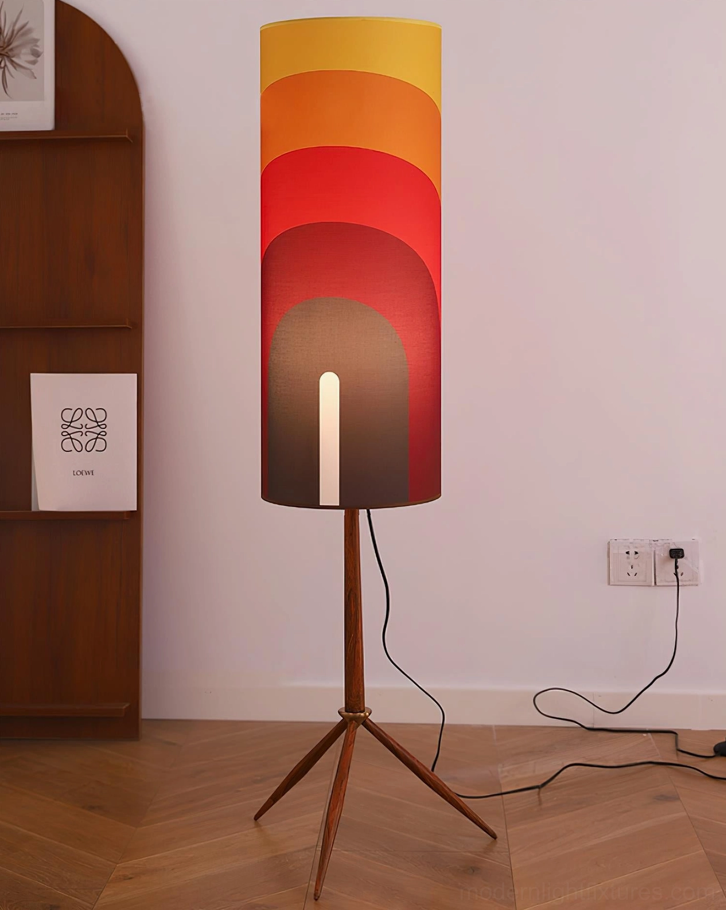 Mid-century modern gradient shade tripod floor lamp showcasing warm color palette and walnut wood stand construction detail