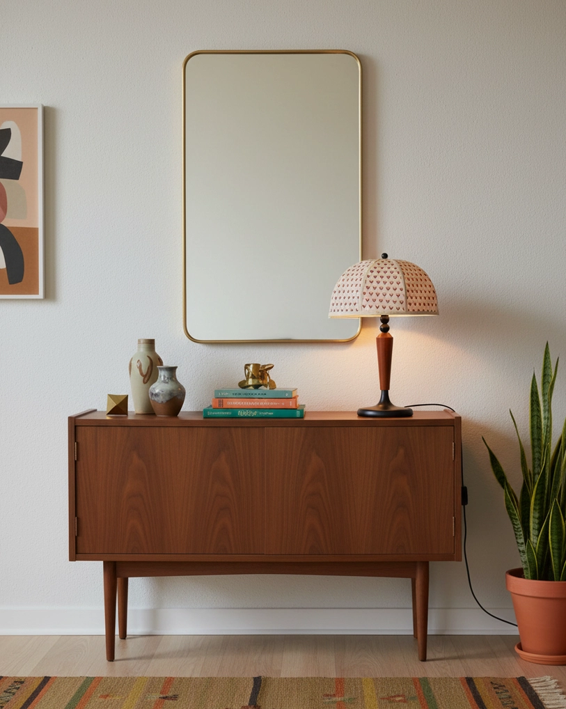 Mid-century modern tulip dome table lamp detail shot fabric shade pattern close-up