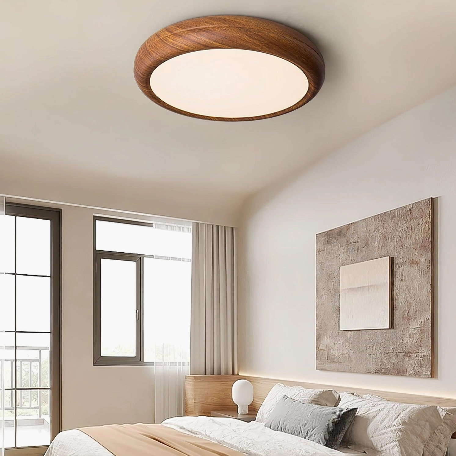 Mid-century modern bedroom with walnut wood grain ceiling light fixture architectural element