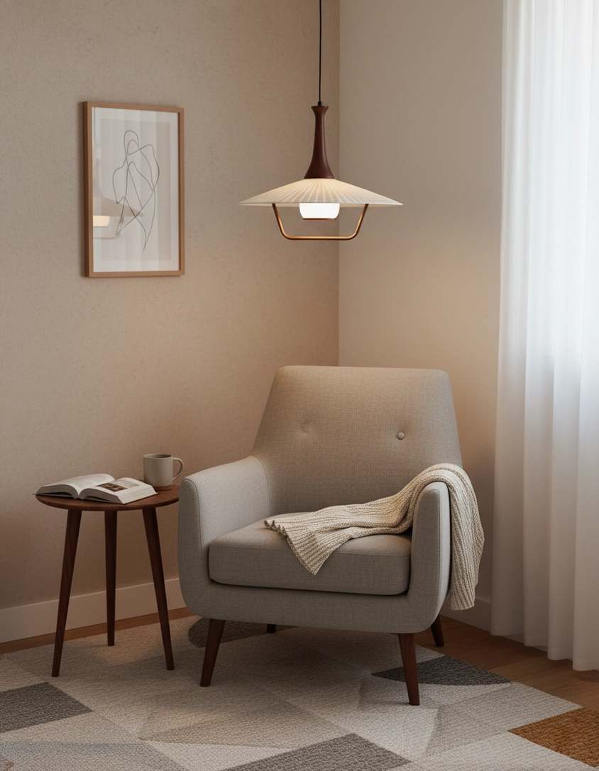 Mid-century modern walnut pendant light showing wood grain and brass metal construction detail