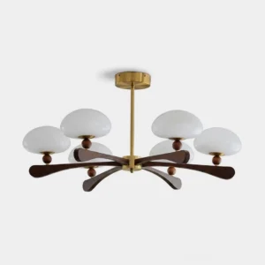 Mid-century modern 6-light radial chandelier with dark walnut wood arms, gold-tone center hub, and frosted opal glass mushroom domes—frontal studio view