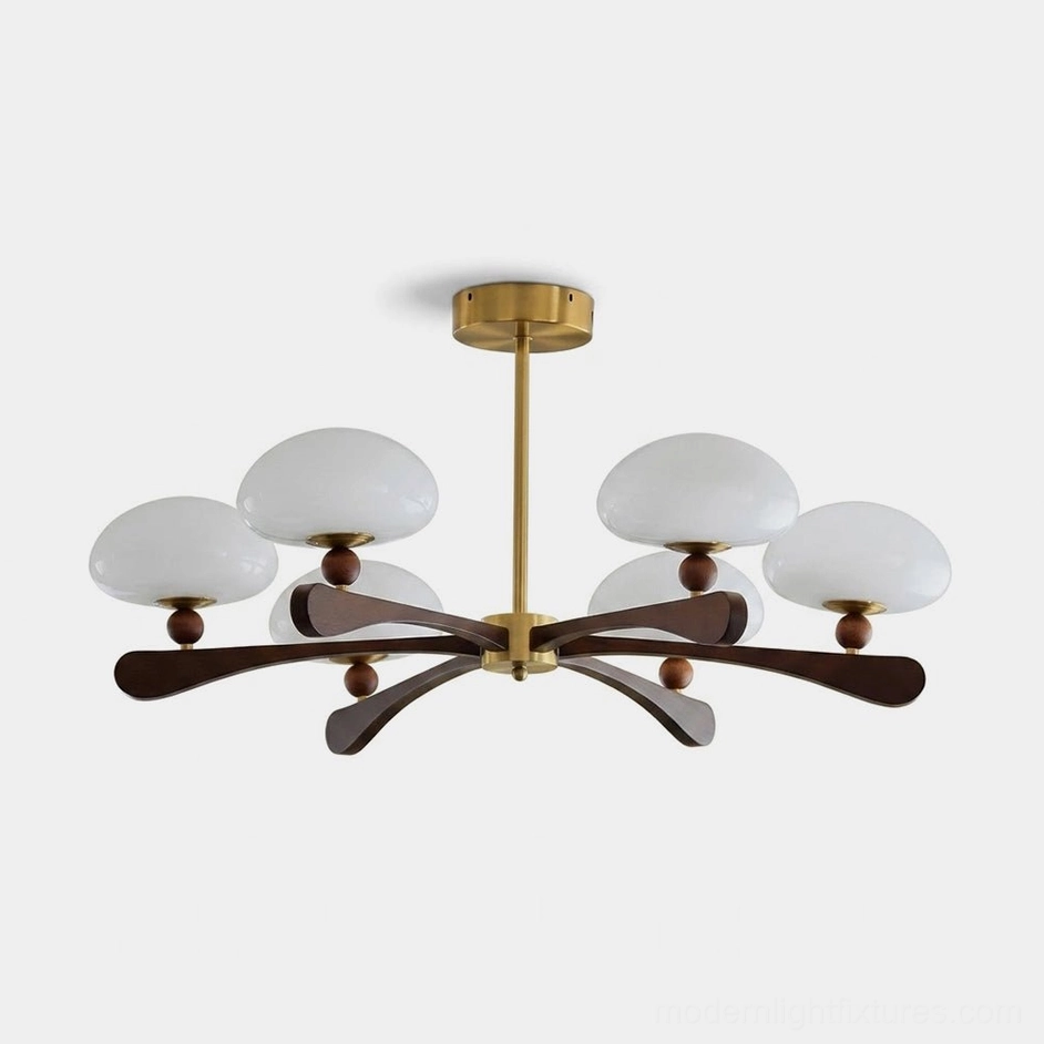 Mid-century modern 6-light radial chandelier with dark walnut wood arms, gold-tone center hub, and frosted opal glass mushroom domes—frontal studio view