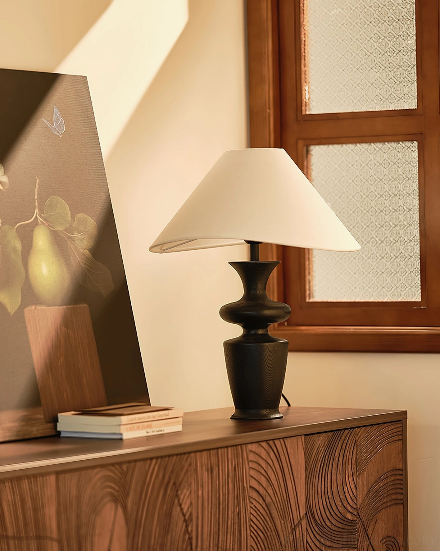 Ash wood modern table lamp on textured wooden sideboard, eye-level perspective showcasing mid-century modern style and warm ambient lighting
