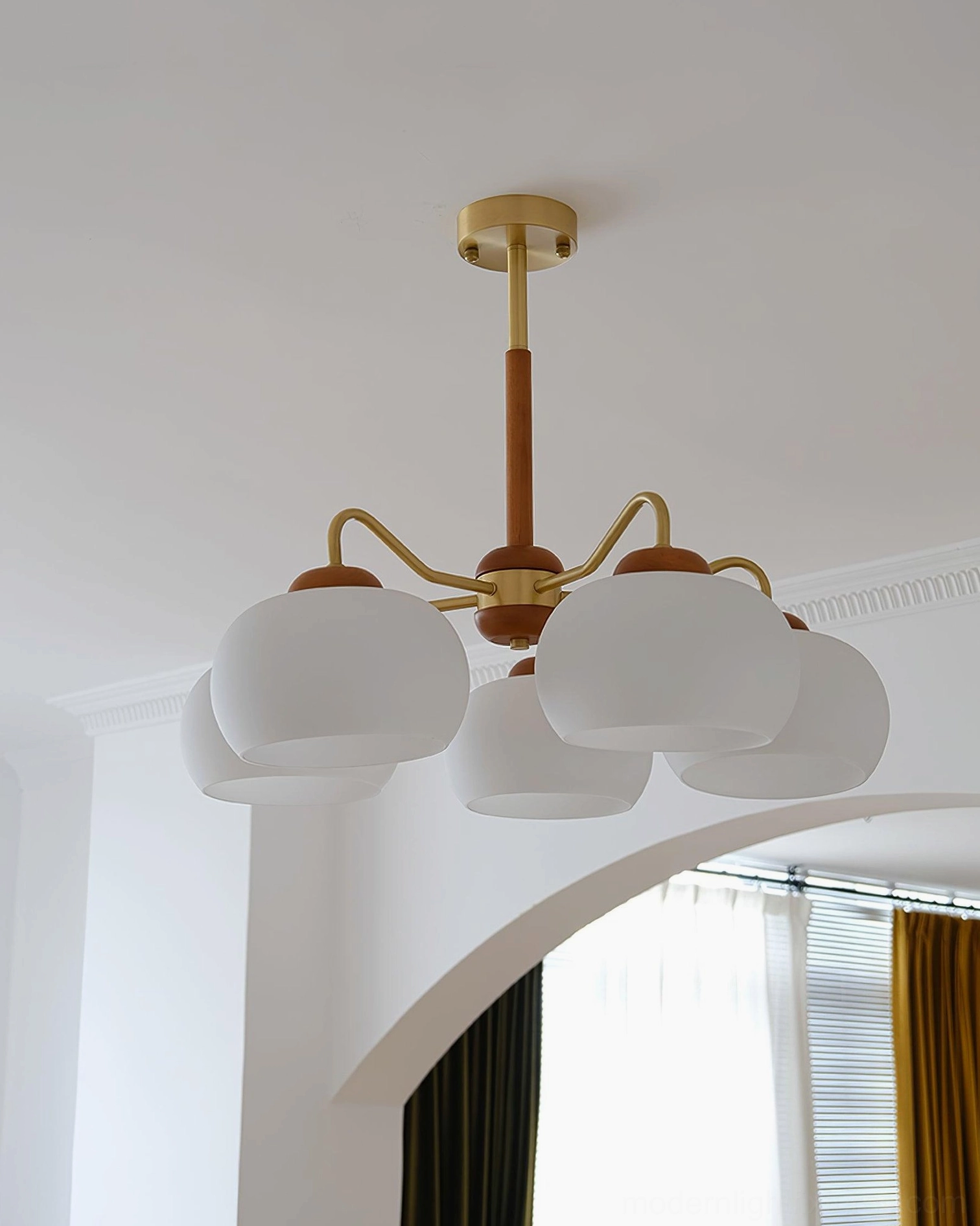 Mid-century modern wooden brass pendant chandelier with diffused frosted glass lighting design