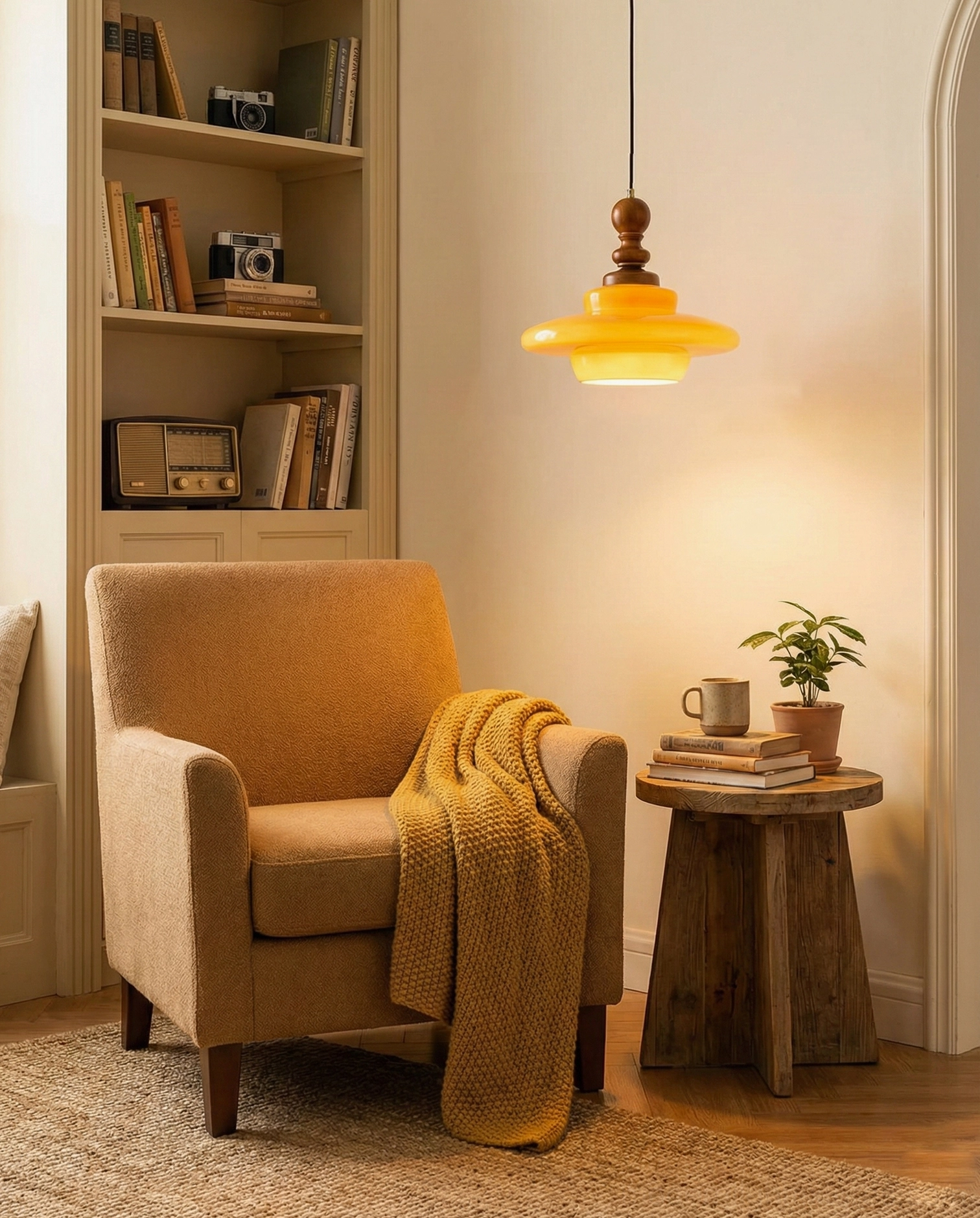 Vintage-inspired mid-century modern pendant fixture with mustard yellow glass shade and natural wood hardware, interior view