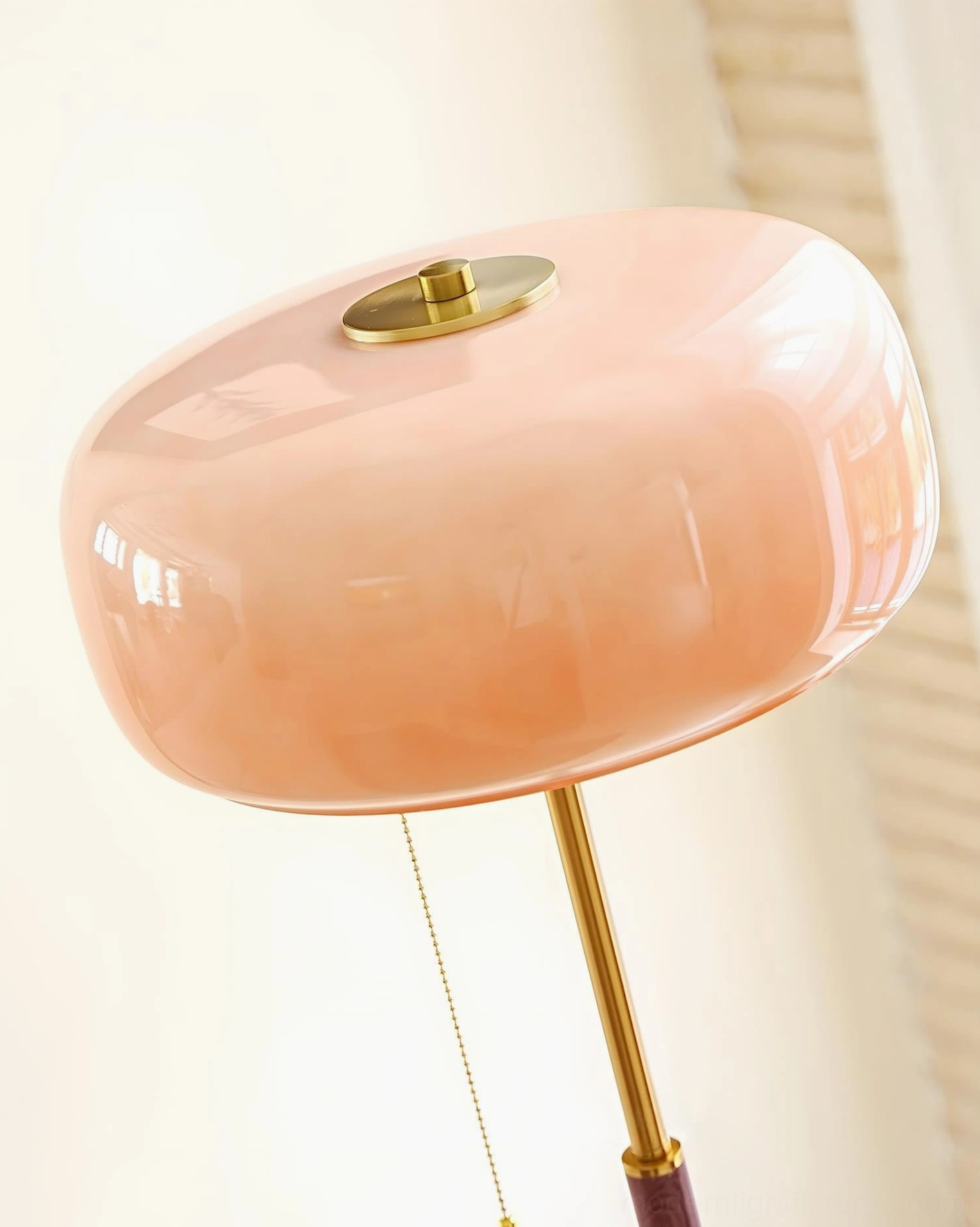 Mid-century modern mushroom floor lamp with brass and wood construction, detailed close-up view