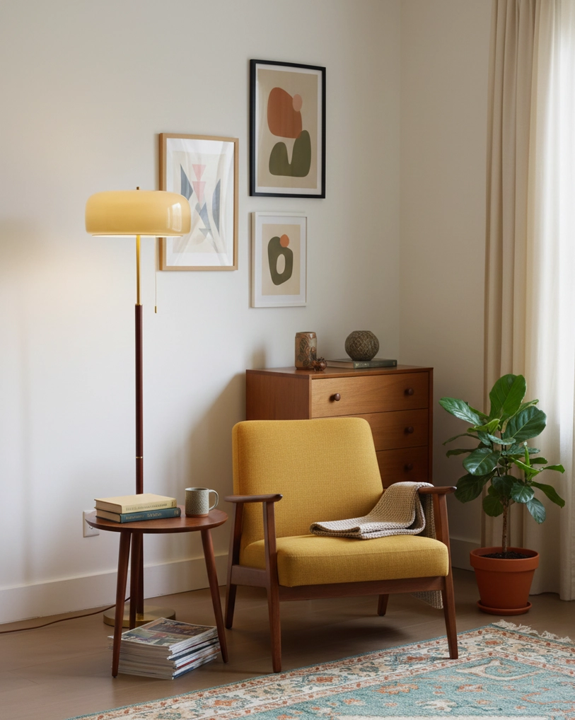 Mid-century mushroom floor lamp with brass base beside yellow armchair and side table in modern lounge