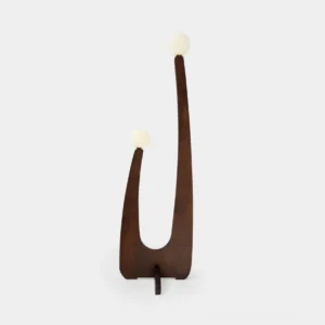 Mid-century modern dual-globe floor lamp with solid walnut oak base and frosted glass shades, front studio view