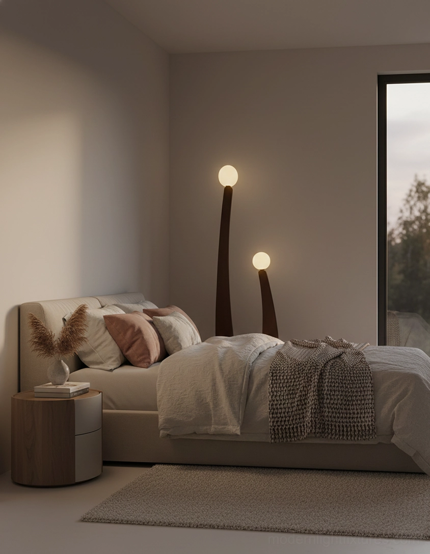 Full-length view of handcrafted oak floor lamp with integrated foot switch cord and dual light sources
