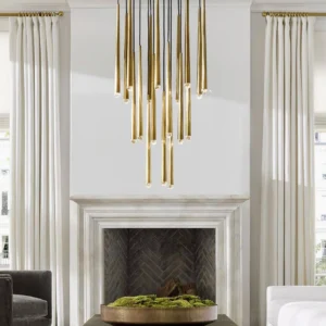 Contemporary round cluster pendant light in luxury living room with marble fireplace