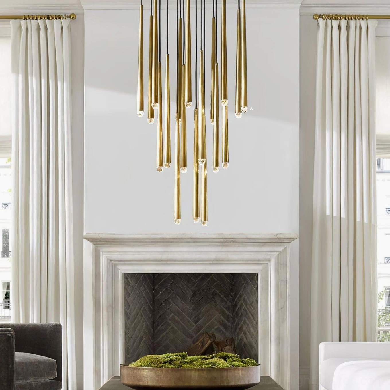 Contemporary round cluster pendant light in luxury living room with marble fireplace