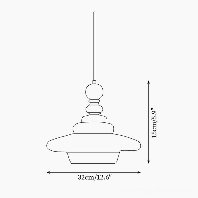 Technical line drawing of mid-century pendant light showing complete dimensions and structure, Dia 32cm x H 15cm / 12.6 inches x 5.9 inches