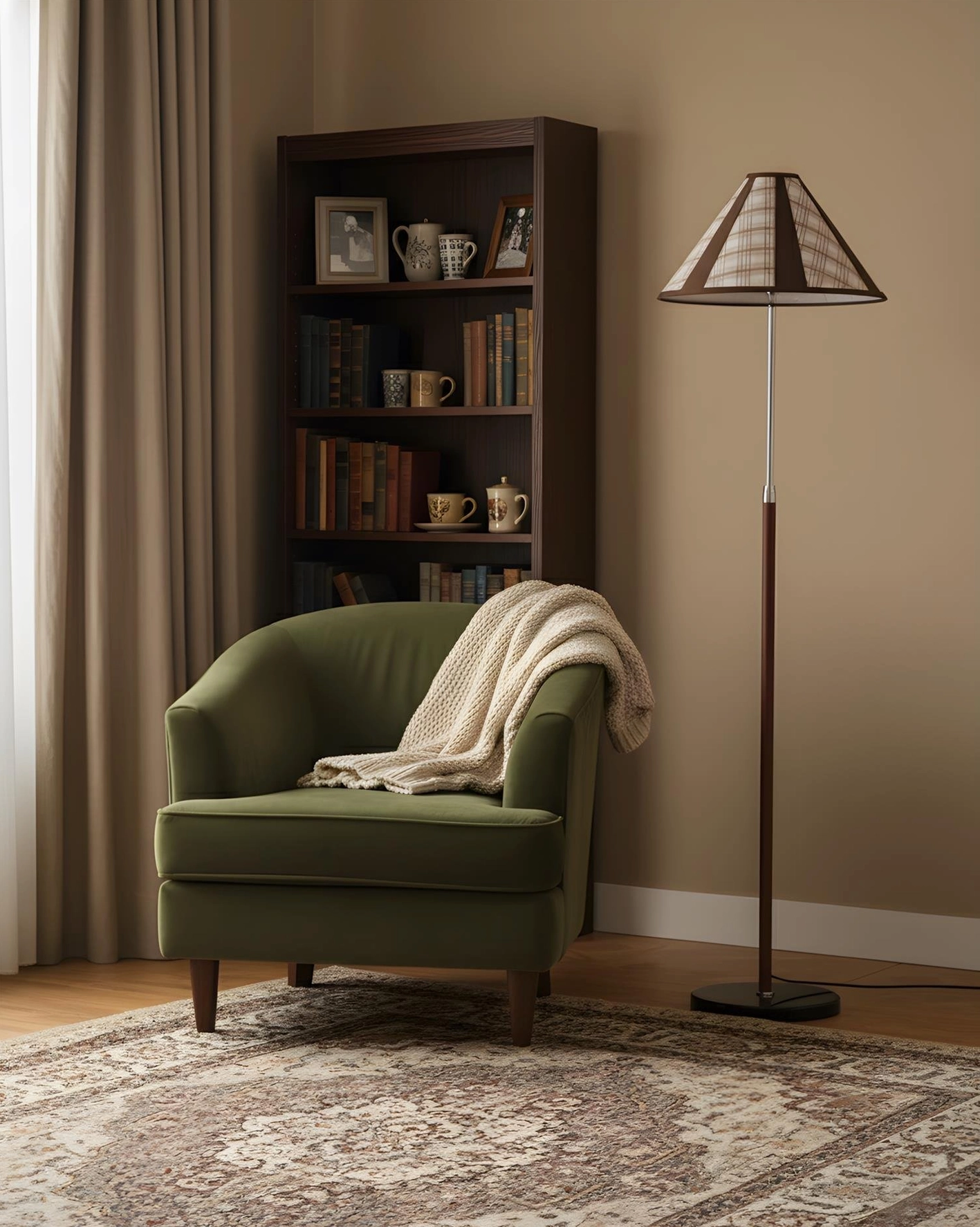 Mid-century floor lamp beside tufted olive green armchair with sheer window curtains