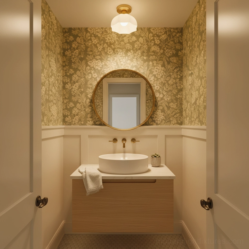 Mid-century scalloped brass ceiling light with frosted acrylic shade creating warm ambient lighting