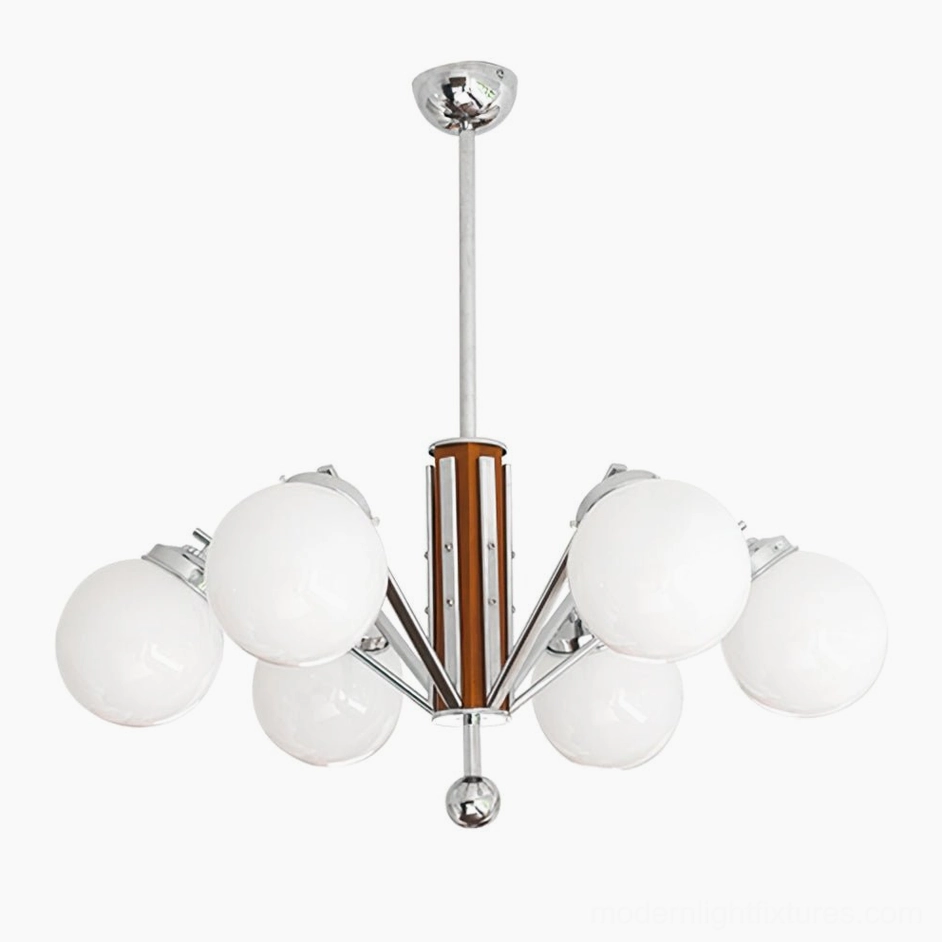 Mid-century sputnik chandelier 6-head model, chrome and walnut wood construction, premium frosted glass design